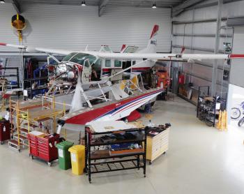 P2-WET being worked on in the hangar in Mareeba