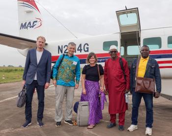 The Lutheran Evangelical Mission team is ready for the flight to Nzerekorer with the MAF plane.