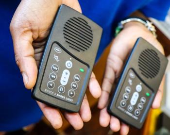 Envoy 2 Ember light audio Bibles donated to locals at Han Island during solar and HF radio installation