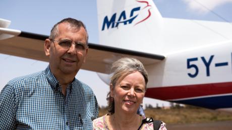 Sauti Moja directors, husband and wife Tim Wright and Lyn Bishop, at the airstrip in Marsabit, where the organisation has a base.