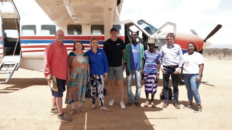 From left to Right: Eddy and Amanda Simmons, Kristina of MAF International and Peter, the MAF Denmark CEO, Pastor Francis, Suruai, MAF Pilot Christiaan and Jacqueline, the Communications Officer MAF Kenya at Sesia airstrip.