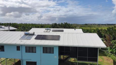 A Birds eye view of the SDP Balimo MAF Pilots houses showing the newly installed solar panels