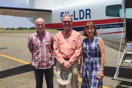 Director Dave Bishop with Ruth and Nick Davis pre flight in Soroti