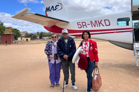 Jean Celien, wife and niece in front of MAF plane in Mandritrsara