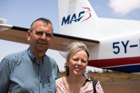 Sauti Moja directors, husband and wife Tim Wright and Lyn Bishop, at the airstrip in Marsabit, where the organisation has a base.