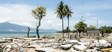 Damage along the coastal area around the city of Palu, Indonesia, in 2018 following an earthquake