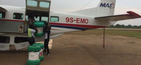 Delivery of Ebola vaccines to Beni, the epicenter of the 2018-2019 outbreak, and collection of blood samples for the research center in Kinshasa.