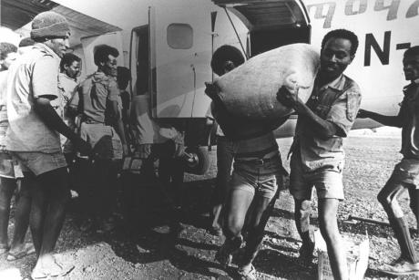 Unloading relief supplies in Ethiopia, 1980s