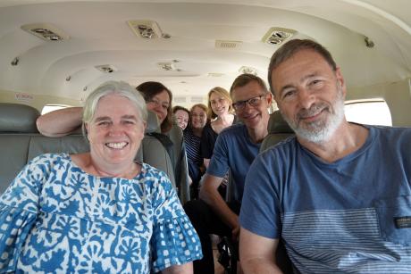 The team inside a 5X-FRM upon landing at Pader airstrip