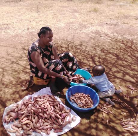 Catherine getting her harvest ready for the market in the company of her son.