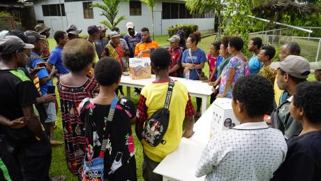 training session with village representatives on the Barefoot Solar home kit at the TCA base at Lumi