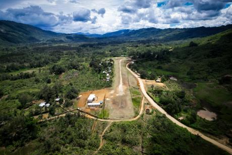 A drone shot of Auwi Airstrip, after the successful test landing by MAF