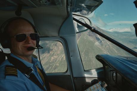 A portrait of Pilot Peter Griffin in flight.