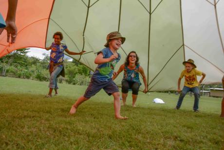 Timon Schadegg participating in a game during the 2017 family retreat  