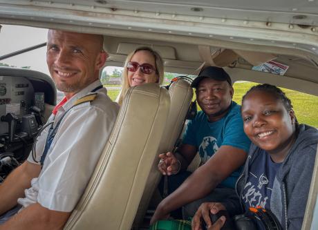 MAF pilot Ryan Unger with Mercy Ships’ Michelle Farr (Patient Selection Clinical Manager), Sendra Miarinjara (Patient Selection Logistics Assistant) and Marion Kemboi (Ophthalmic Patient Selection