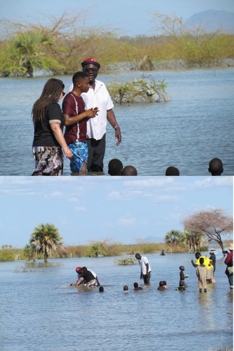 A person being baptised in Lake Turkana