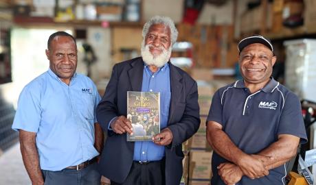 From left to right: Linus Edward (MAF Technologies staff), Pastor Wayman Kati (centre), and Johnson Irarue (MAF Technologies staff)